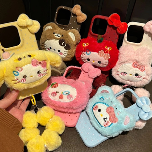 适用iPhone17ProMax可爱毛绒公仔挂绳手机壳苹果16/15秋冬软壳OPPOfindX9/X8新款vivox300/x200情侣保护套S30