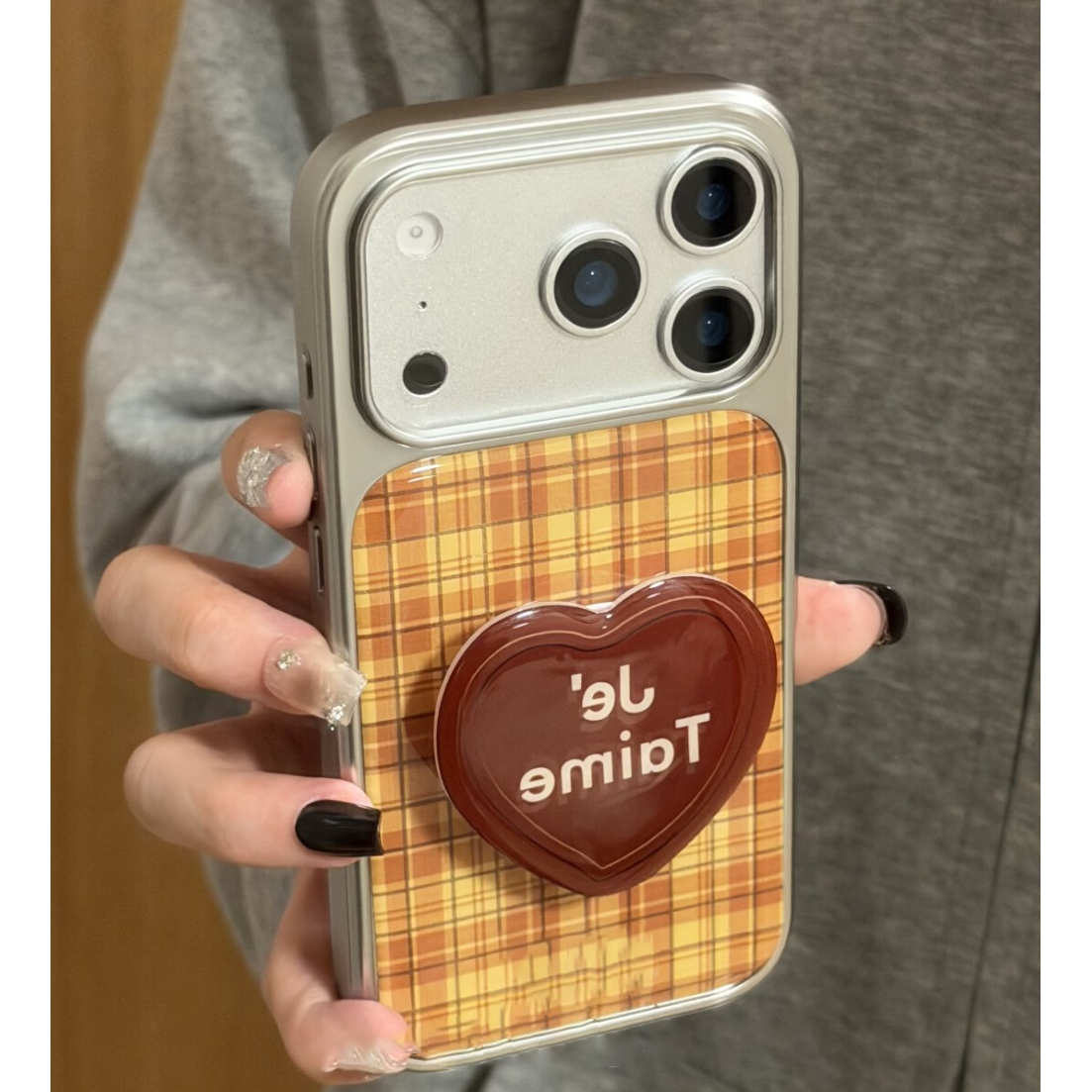 韩系黄棕撞色格纹适电镀银边壳