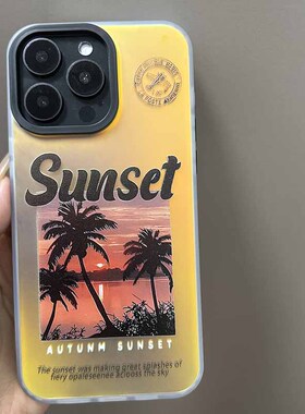 西海岸落日椰树适用iPhone15promax创意苹果14/13/12/11镭射渐变小米13/14PRO简约情侣华为P60/70ultra保护套