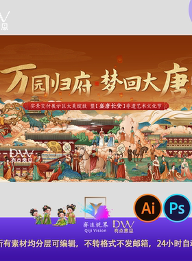国潮美女古风梦回大唐长安活动主视觉kv展板背景设计素材模板psd