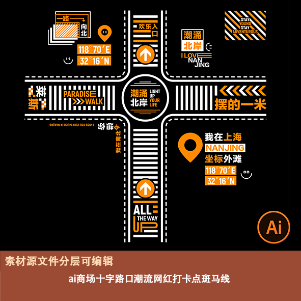 网红斑马线十字路口地贴商场酒店潮流打卡点毕业旅游宣传素材模板