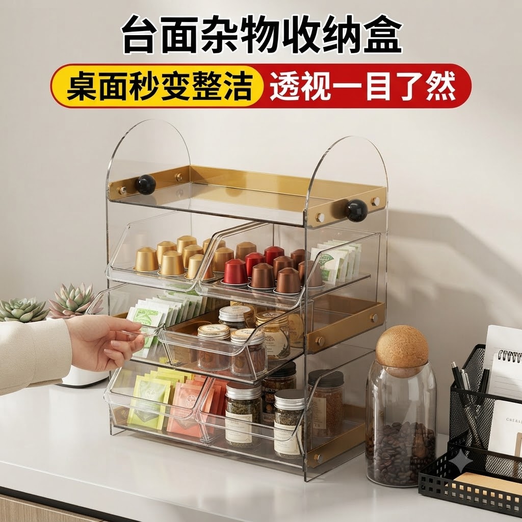 台面杂物收纳盒复古简约茶包胶囊咖啡多层分隔收纳层架多功能陈列
