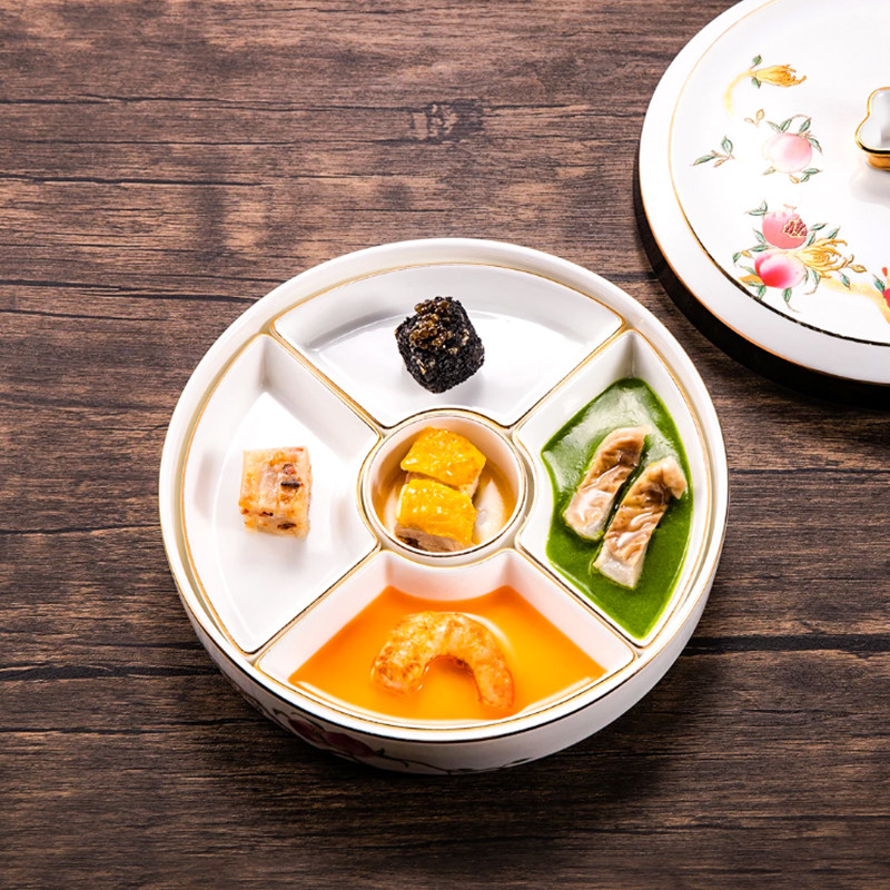 新客减新款骨瓷金边带盖碗干果小吃盘子五格冷菜点心拼盘酒店高级