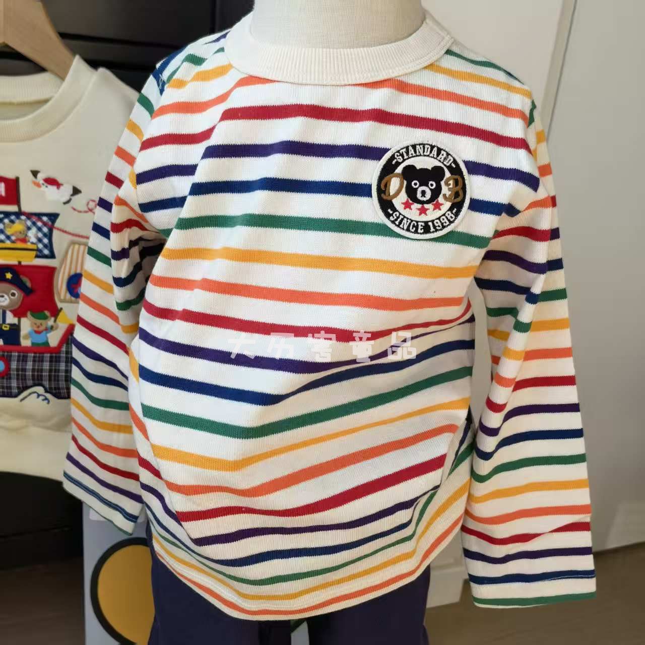 日系潮牌纯棉彩色条纹熊长袖T恤 26春新款内搭 男女儿童百搭长袖t,童装/婴儿装/亲子装,T恤,淘宝优惠券,粉丝福利购,淘宝优惠卷