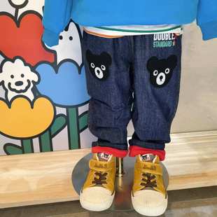 加绒加厚牛仔长裤 男女儿童db黑熊爆炸头刺绣棉裤 秋冬新款 日系童装