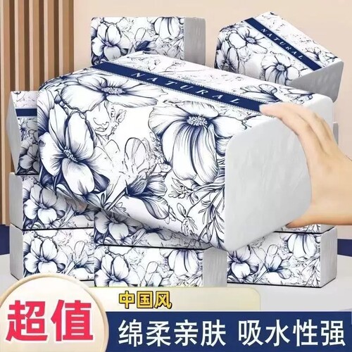 原木中国风花卉印花抽纸加厚可湿水绵柔亲肤吸水性强家用擦手纸