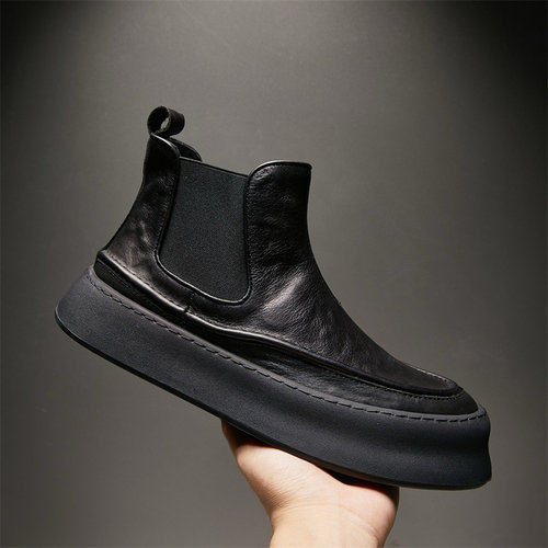 真皮切尔西靴男英伦厚底一脚蹬男靴黑色潮流休闲高帮鞋加绒马丁靴