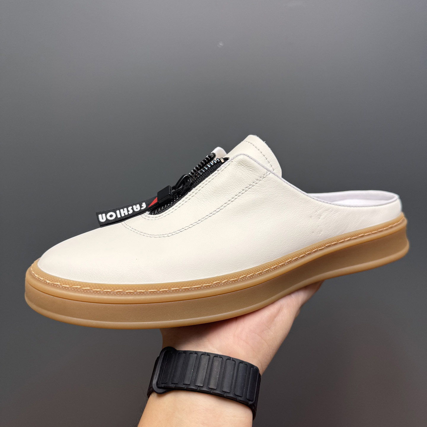 克迈诺男真皮一脚蹬懒人小白鞋
