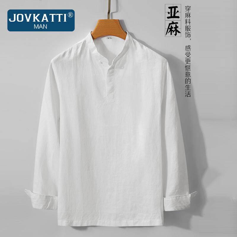 JOVKATTI亚麻衬衫男长袖2025春秋新款新中式宽松透气立领套头衬衫