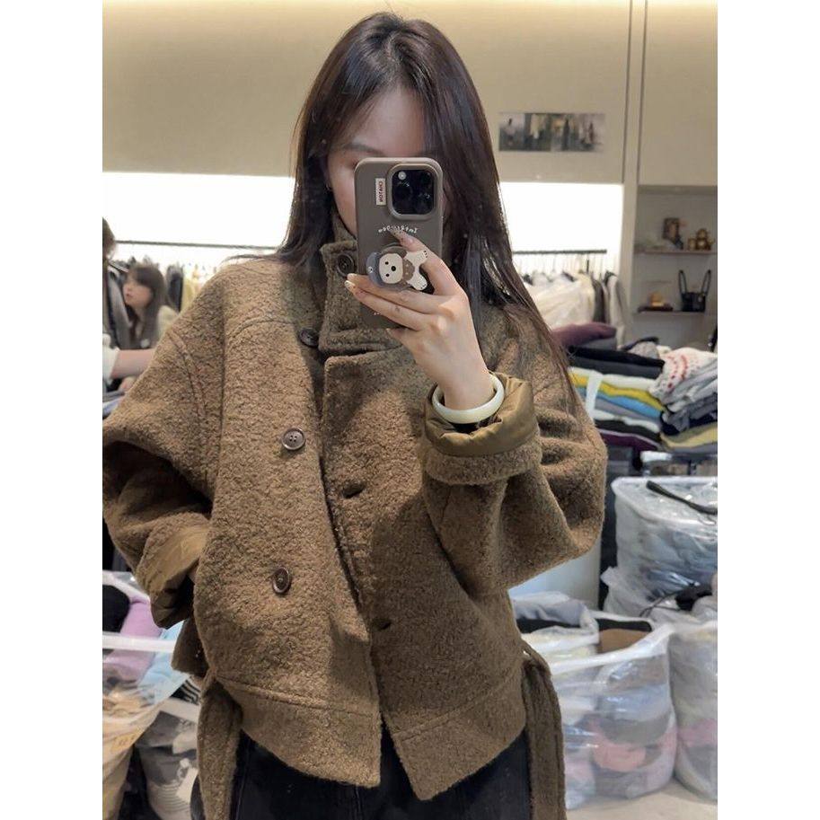韩系立领咖啡色中长毛呢大衣女
