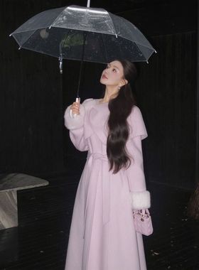 法式气质高级感毛毛袖香芋紫呢子大衣女2025秋冬新款系带显瘦外套