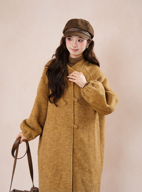 韩系灯笼袖毛呢外套2025秋冬新款简约小立领复古秋叶黄呢子大衣女