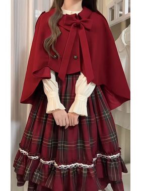 红笺洛宴 复古lolita千金感格子控连衣裙+斗篷+衬衫三件套女冬季