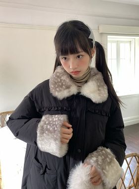 冬日氛围感小鹿毛领棉服设计感小众学院风宽松百搭黑色中长款外套