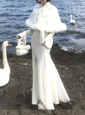 法式富家千金气质套装女冬季收腰显瘦蕾丝拼接连衣裙+斗篷两件套