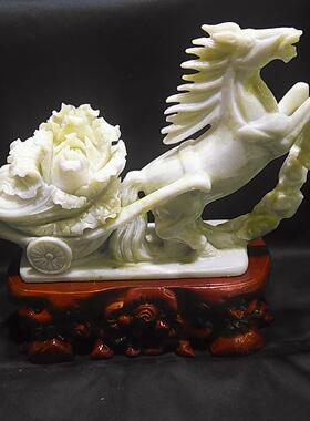 天然蓝田玉雕刻马上发财玉白菜玉石摆件原创工艺品家居摆设玉礼品