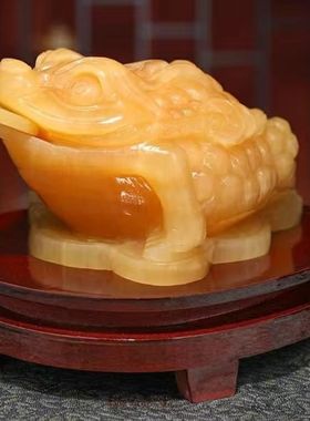 天然米黄玉金蟾摆件玉石手工招财三足金蟾开业聚财办公室财运饰品