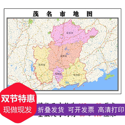 茂名市地图1.15m办公室书房装饰画高清打印带背胶折叠两用墙贴
