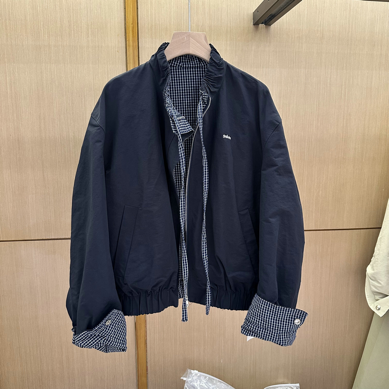andfan5012韩系休闲格子里衬棒球服25秋运动抽绳立领字母宽松外套
