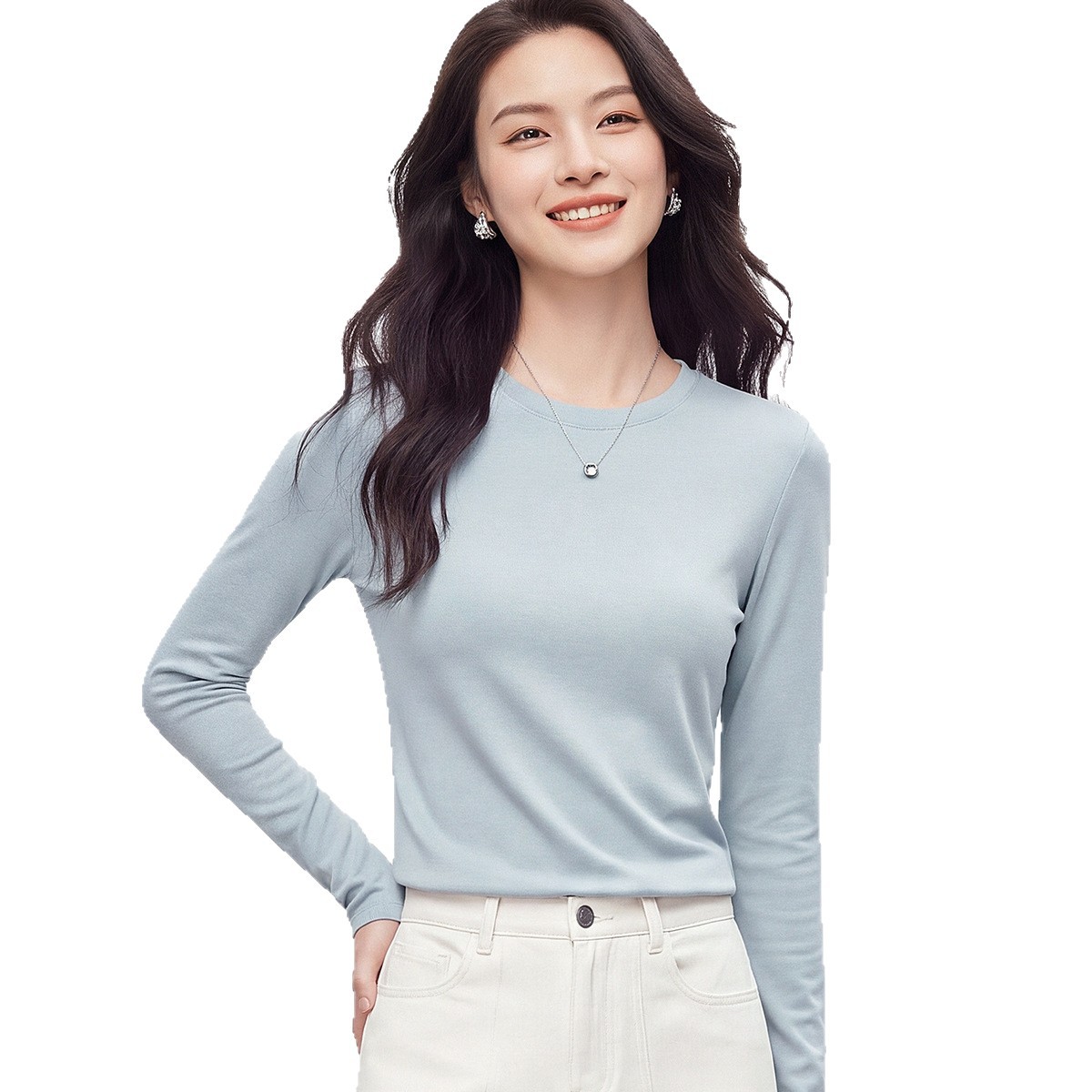 莫代尔棉竹节羊毛长袖打底T恤女