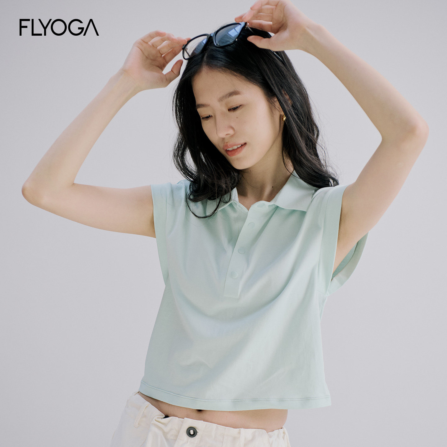 Flyoga飞蓝瑜伽无袖女士夏季纯棉上衣短款宽松休闲T恤翻领polo衫