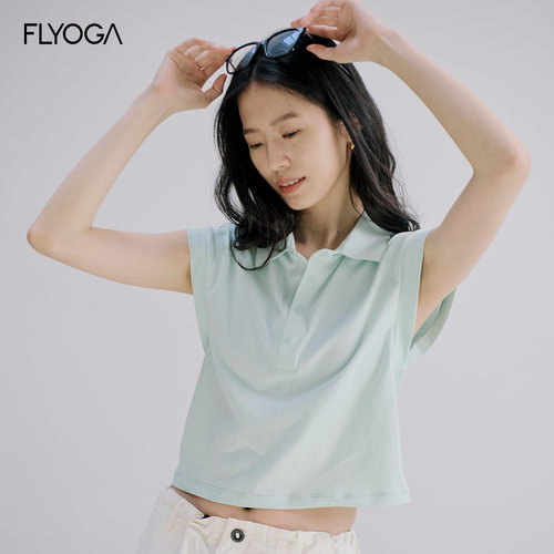 Flyoga飞蓝瑜伽无袖女士夏季纯棉上衣短款宽松休闲T恤翻领polo衫