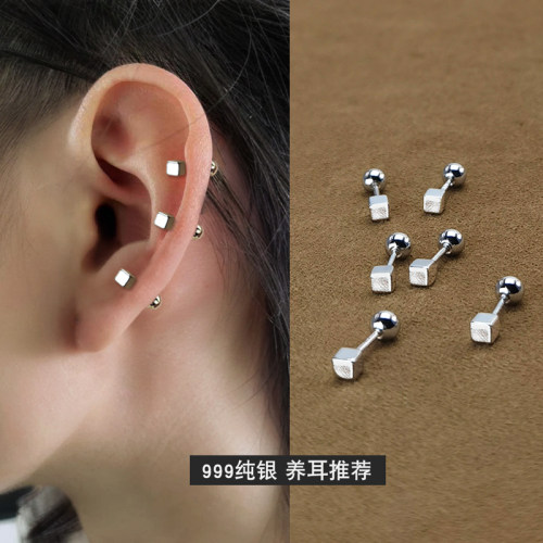 卡仕达纯银针方形耳钉女螺丝拧