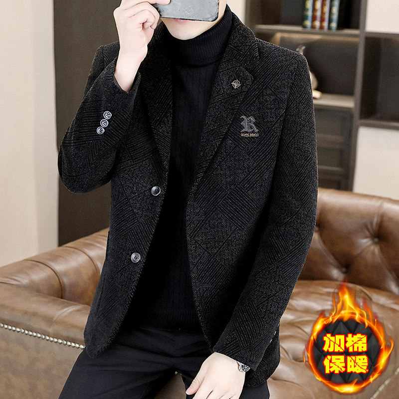 西服外套男士冬季加棉加厚呢子单件上衣青年高端韩版潮流休闲西装