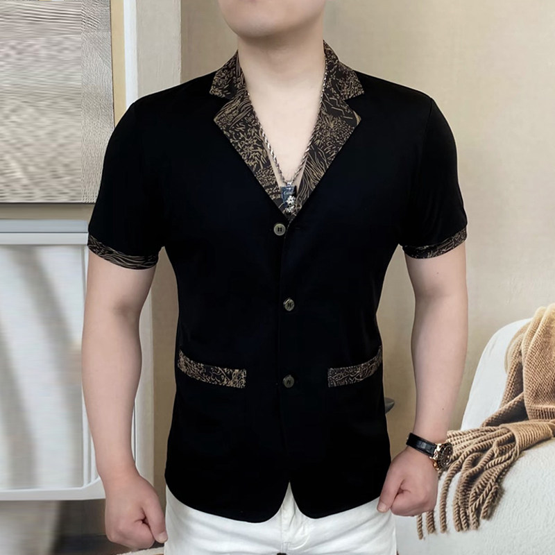 男式时尚高端薄款西装领短袖衬衫夏季潮流修身发型师衬衣痞帅夏装