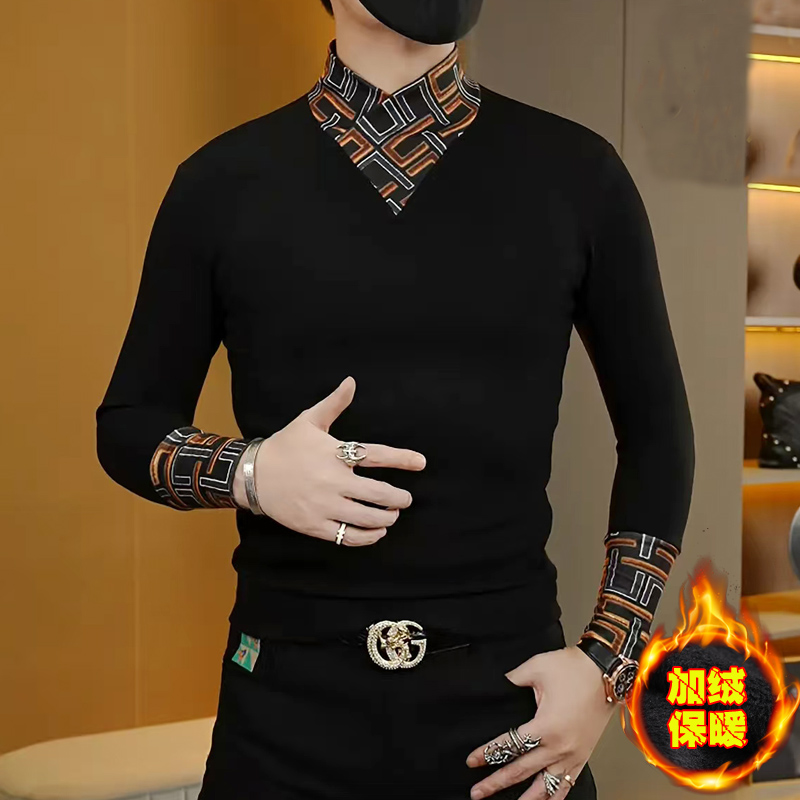 半高领加绒保暖卫衣男士长袖冬季潮牌个性痞帅高级感撞色个性T恤