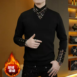 潮流时尚假两件长袖T恤加绒保暖男士冬季巾帼领拼接一体绒打底衫