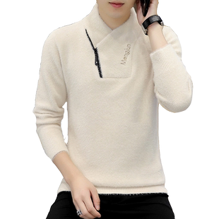半高领水貂绒毛衣男士秋冬季加绒加厚针织打底衫个性潮流保暖上衣