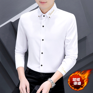 衬衫 男装 男士 潮流休闲抗皱寸衫 加绒加厚保暖衬衣服 秋冬季 刺绣长袖