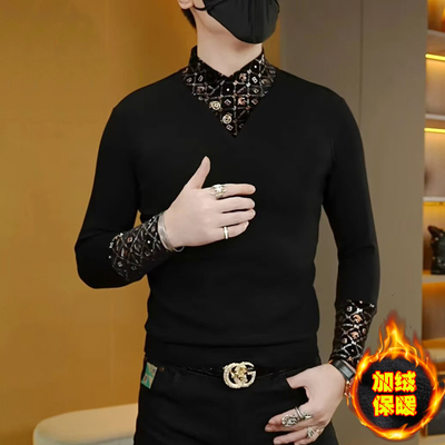 高级感痞帅潮牌围巾领加绒加厚t恤男士长袖冬季内搭保暖打底衣服