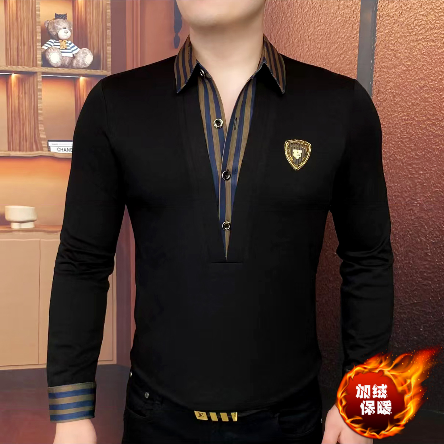 冬季加绒加厚t恤男士潮流商务休闲时尚拼接轻奢假两件POLO衫卫衣