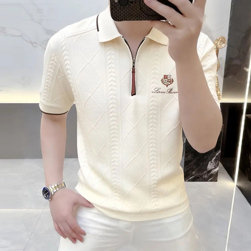 夏季简约休闲刺绣提花半袖polo衫男士老钱风高级感翻领短袖T恤潮图片