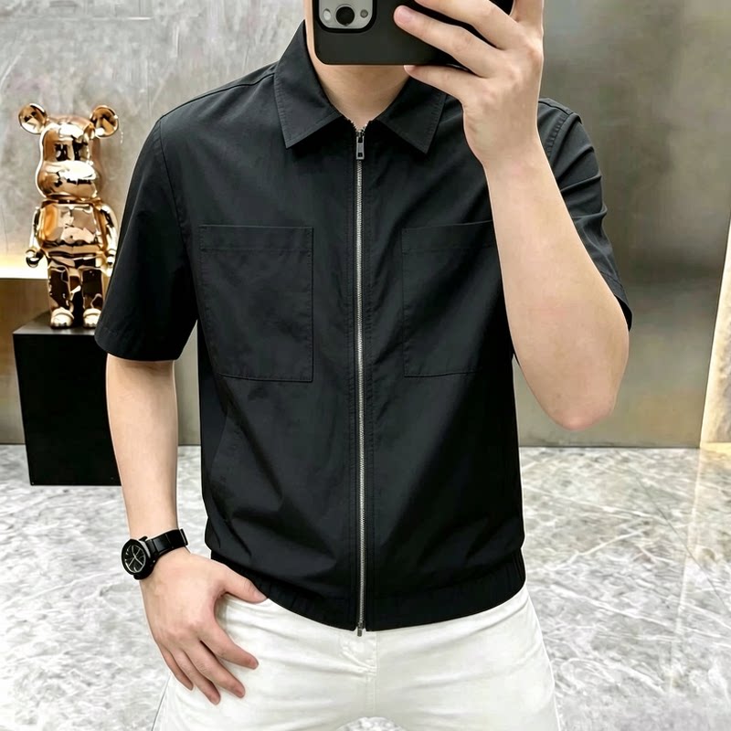 天丝莱赛尔薄款透气双拉链衬衫男士夏季潮流工装短袖T恤休闲通勤图片