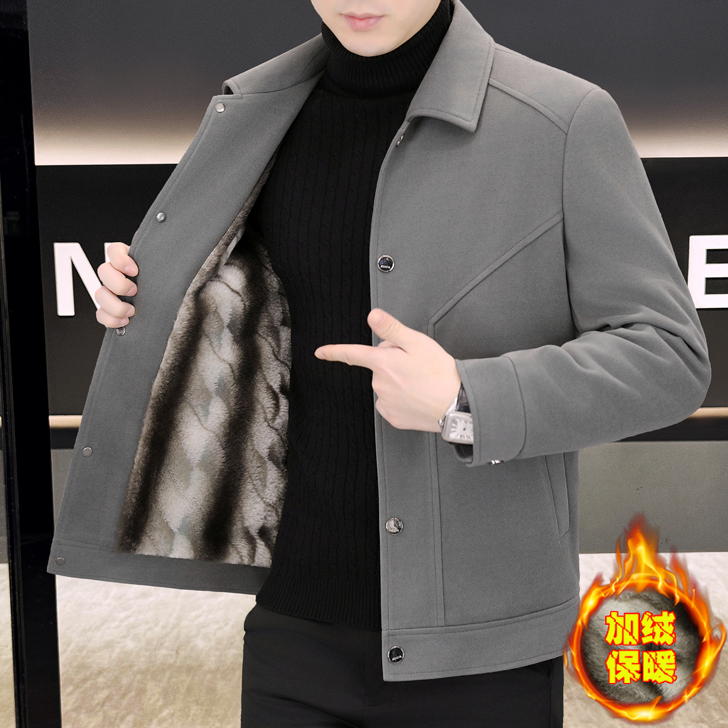 高品质秋冬季加绒加厚夹克韩版简约纯色翻领上衣休闲短款风衣外套