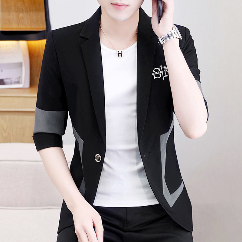夏季薄款七分袖西服男士潮流韩版刺绣单西上衣外套中袖帅气小西装