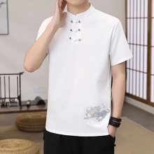 新中式仿棉麻立领夏季短袖t恤衫男中国风唐装汉服麒麟刺绣男装潮
