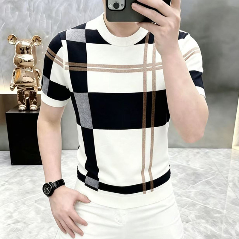 高级感男士冰丝凉感针织衫短袖T恤夏天韩版修身潮流拼色格子体恤