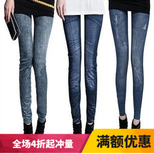 弹力雪花仿牛仔打底裤九分小脚裤