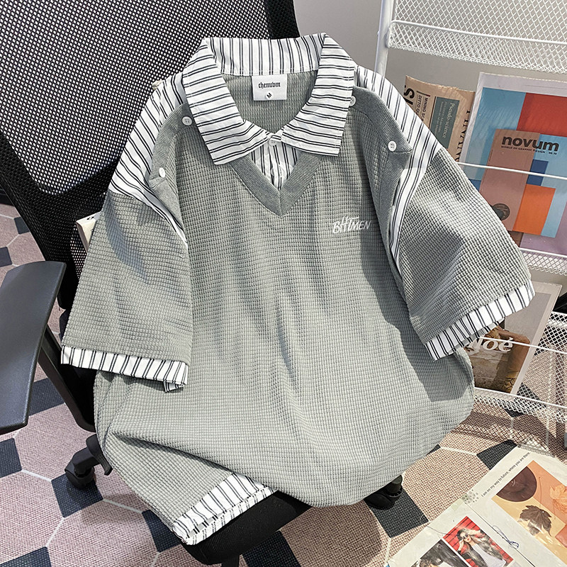 条纹衬衫拼接假两件短袖上衣男女