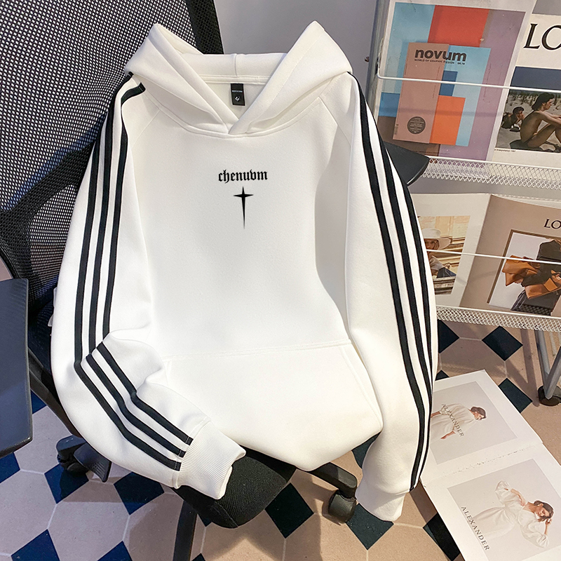 美式潮牌三条杠连帽卫衣男秋冬