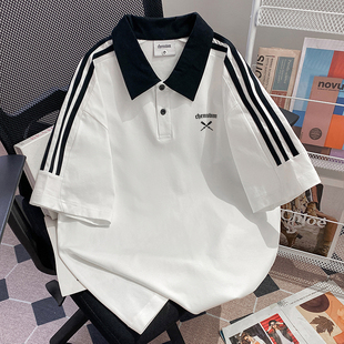 CHENUVM美式复古POLO领原创三条杠短袖T恤男夏季新款宽松情侣上衣