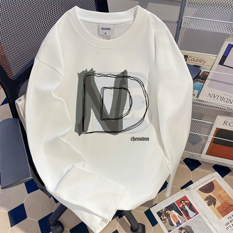 白色长袖T恤男潮牌秋款打底衫美式潮牌320克圆领套头上衣宽松纯棉