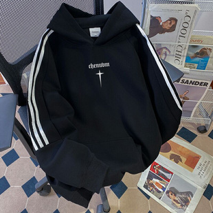 CHENUVM潮牌三条杠连帽卫衣男生新款秋冬季学生美式高街重磅外套