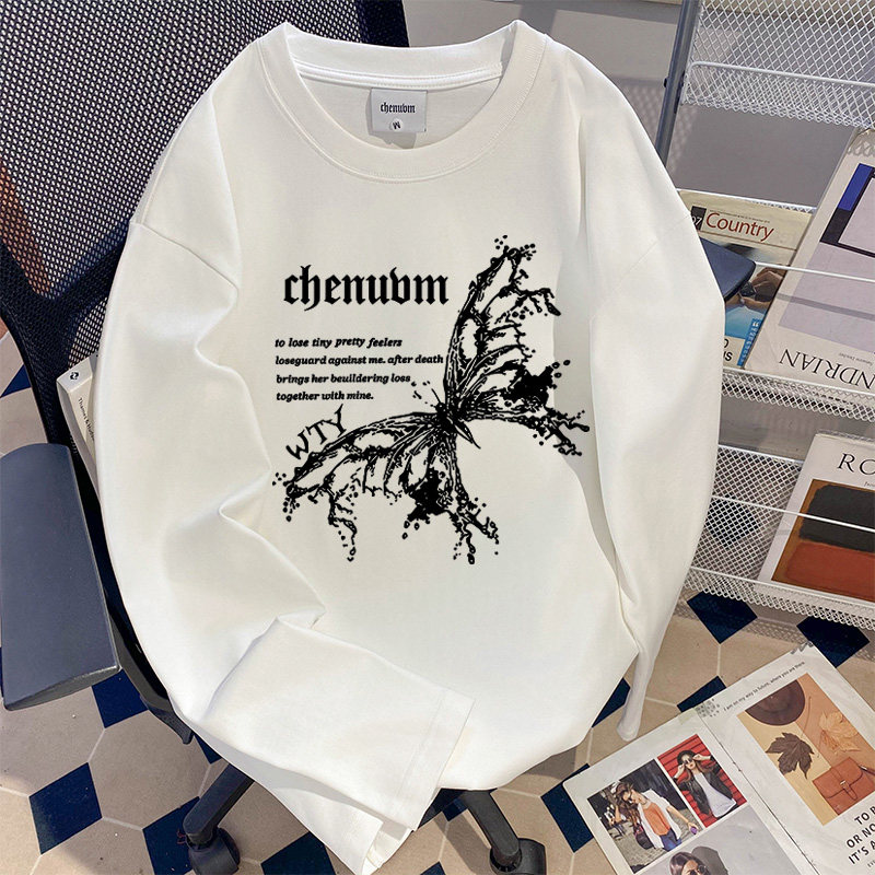 欧美式高街纯色长袖T恤男秋季薄款纯棉小领口百搭宽松打底衫上衣