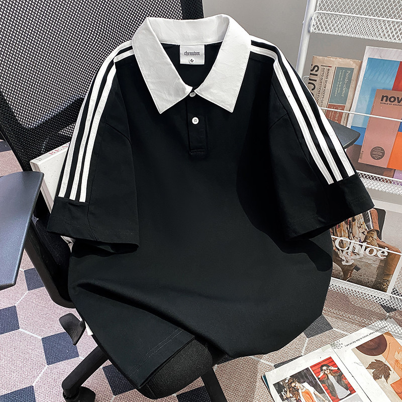 CHENUVM美式重磅polo衫三条杠短袖t恤男夏季宽松纯棉潮牌插肩上衣