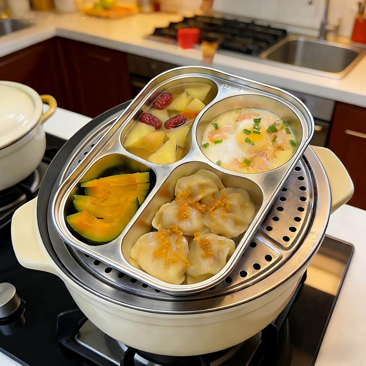 一锅蒸餐具宝宝辅食四格蒸盘不锈钢食品级一锅出家用营养早餐盘子